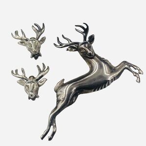 Vintage 1940’s Sterling Leaping Stag Deer Brooch Earring Set